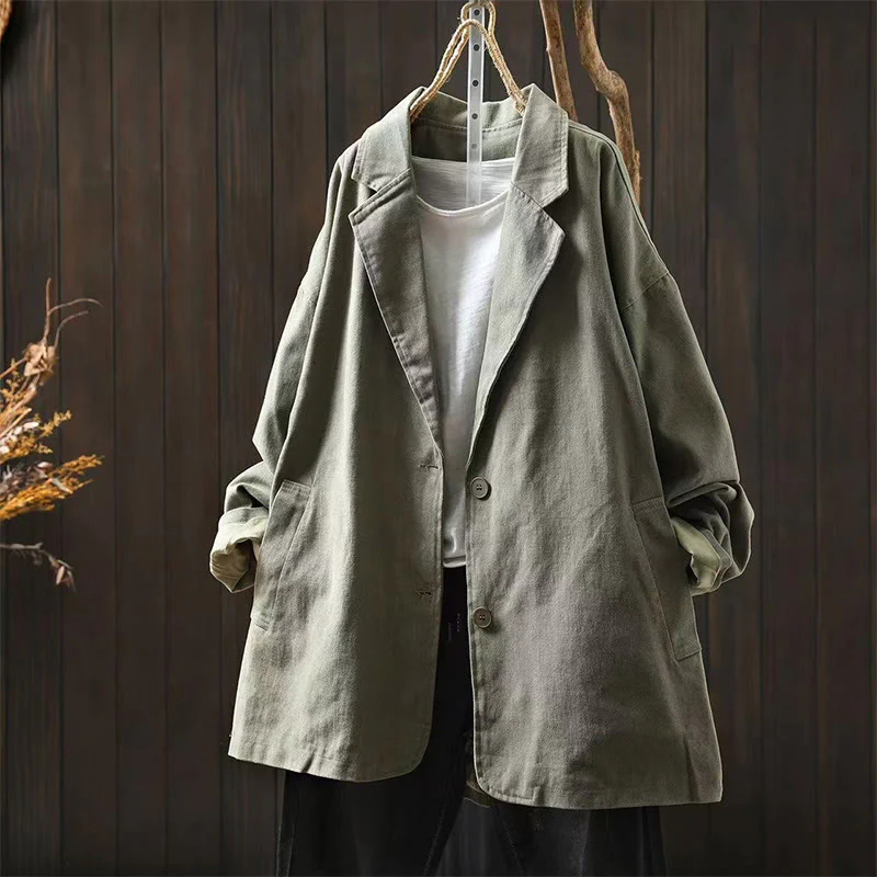 Giacca da donna in cotone di media lunghezza con tasche, maniche lunghe, colletto con revers, motivo Buddha Stones, primavera-autunno - Image 19