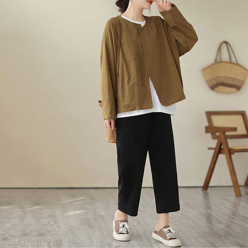 Giacca da donna in cotone e lino con maniche lunghe e tasche, modello Buddha Stones Spring Plain Asymmetry Design - Image 10