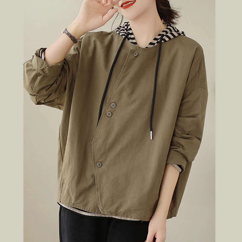 Giacca da donna in cotone e lino con maniche lunghe e tasche, modello Buddha Stones Spring Plain Asymmetry Design - Image 14
