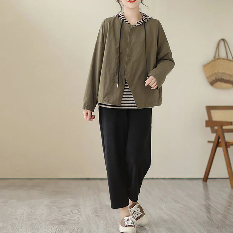 Giacca da donna in cotone e lino con maniche lunghe e tasche, modello Buddha Stones Spring Plain Asymmetry Design - Image 17