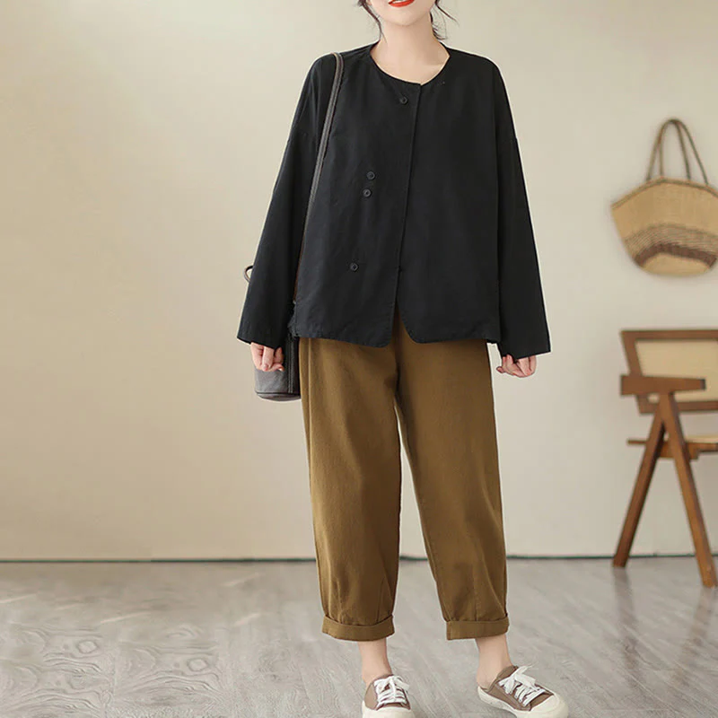 Giacca da donna in cotone e lino con maniche lunghe e tasche, modello Buddha Stones Spring Plain Asymmetry Design - Image 24