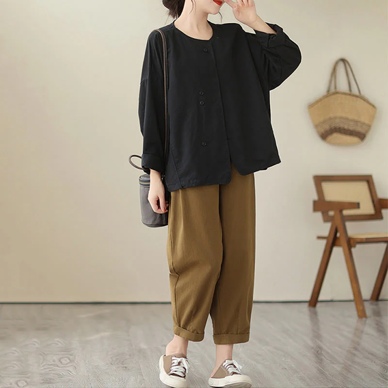 Giacca da donna in cotone e lino con maniche lunghe e tasche, modello Buddha Stones Spring Plain Asymmetry Design - Image 25