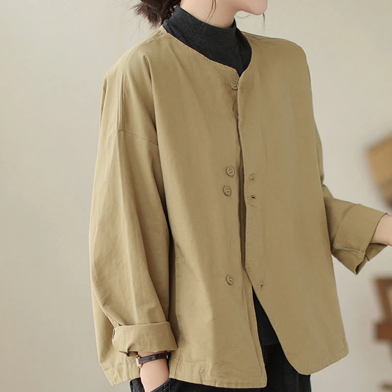 Giacca da donna in cotone e lino con maniche lunghe e tasche, modello Buddha Stones Spring Plain Asymmetry Design - Image 3