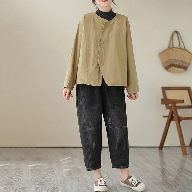 Giacca da donna in cotone e lino con maniche lunghe e tasche, modello Buddha Stones Spring Plain Asymmetry Design - Image 4