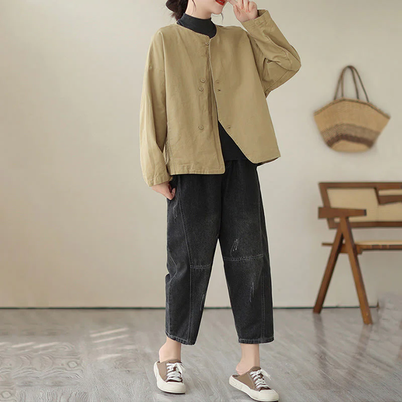 Giacca da donna in cotone e lino con maniche lunghe e tasche, modello Buddha Stones Spring Plain Asymmetry Design - Image 5
