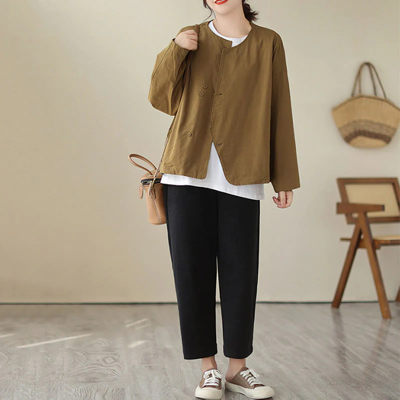 Giacca da donna in cotone e lino con maniche lunghe e tasche, modello Buddha Stones Spring Plain Asymmetry Design - Image 9