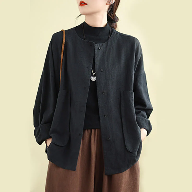 Giacca da donna in cotone e lino con maniche lunghe e tasche, motivo semplice Buddha Stones - Image 11