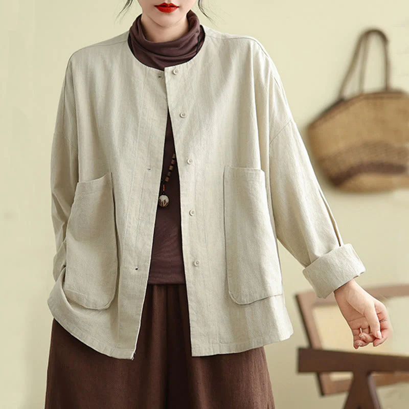 Giacca da donna in cotone e lino con maniche lunghe e tasche, motivo semplice Buddha Stones - Image 2