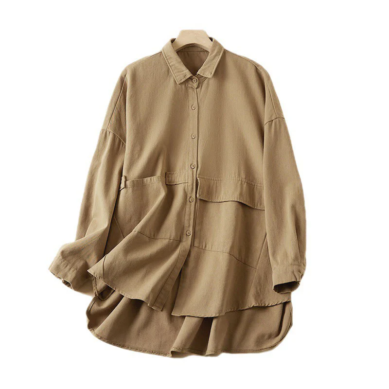 Giacca da donna in cotone e lino con risvolto, maniche lunghe, modello irregolare, con tasche, motivo Buddha Stones Fall - Image 9