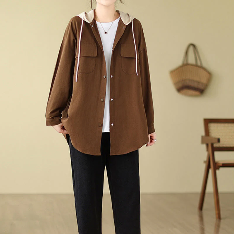 Giacca da donna in cotone e lino con tasche e cappuccio con coulisse Buddha Stones Casual Commute - Image 6