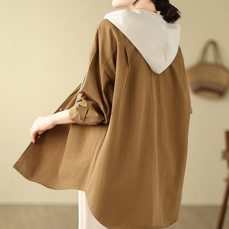 Giacca da donna in cotone e lino con tasche e cappuccio con coulisse Buddha Stones Casual Commute - Image 9