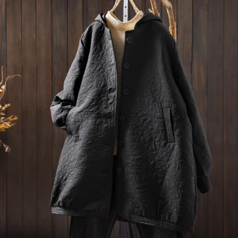 Giacca da donna in cotone jacquard di media lunghezza con bottoni autunnali, maniche lunghe e tasche , Buddha Stones - Image 18