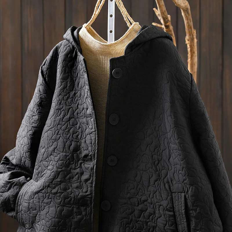 Giacca da donna in cotone jacquard di media lunghezza con bottoni autunnali, maniche lunghe e tasche , Buddha Stones - Image 19
