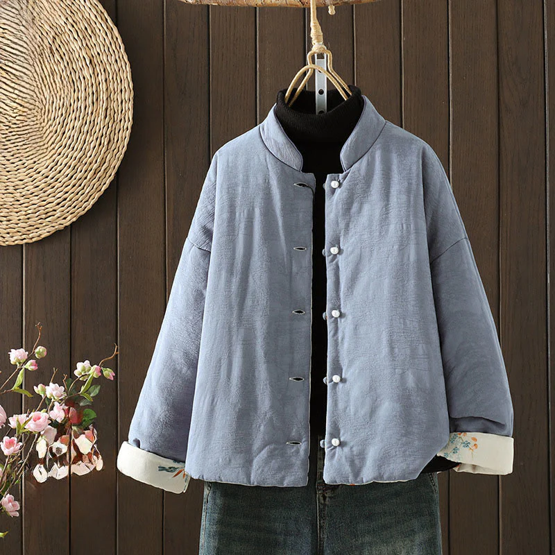 Giacca da donna in cotone spesso a maniche lunghe con bottoni a rana e polsini floreali, motivo Buddha Stones