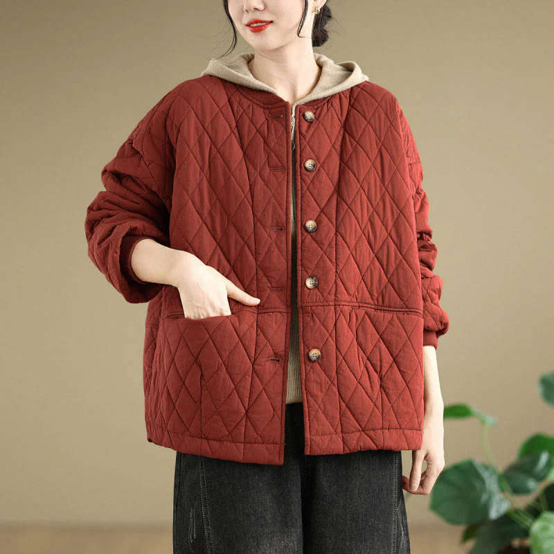 Giacca da donna in cotone spesso a maniche lunghe con motivo a griglia di diamanti Buddha Stones con tasche - Image 12