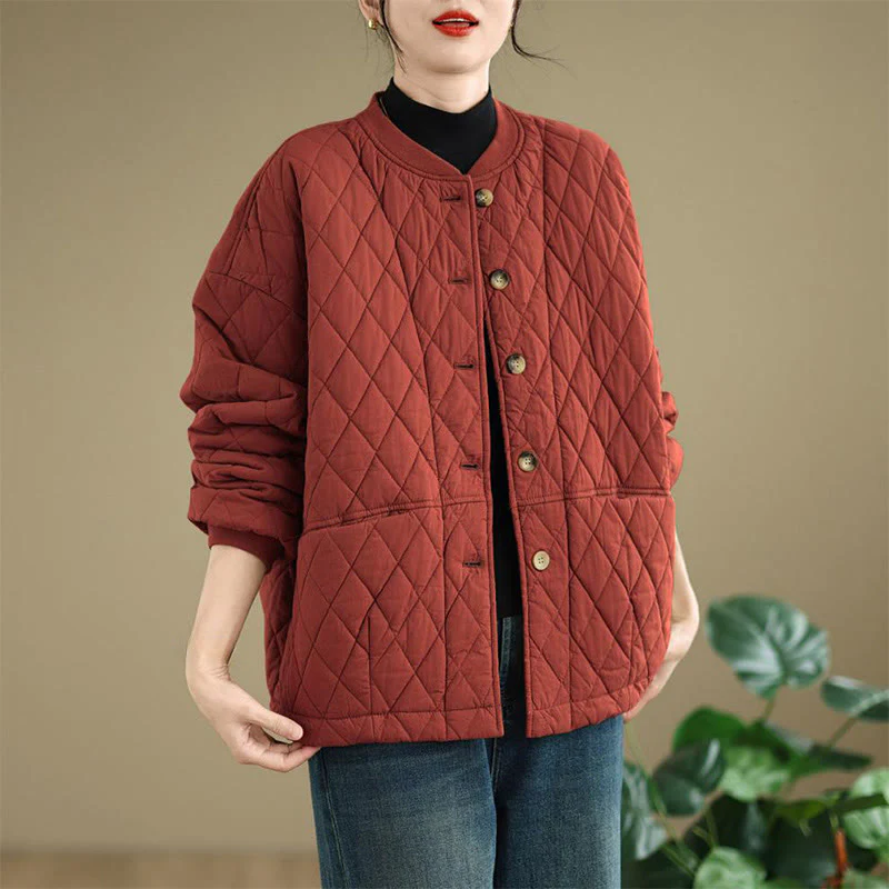 Giacca da donna in cotone spesso a maniche lunghe con motivo a griglia di diamanti Buddha Stones con tasche - Image 16