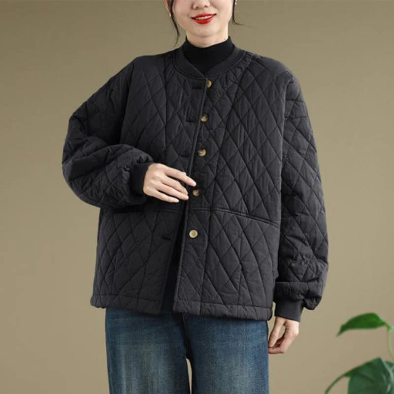 Giacca da donna in cotone spesso a maniche lunghe con motivo a griglia di diamanti Buddha Stones con tasche - Image 5