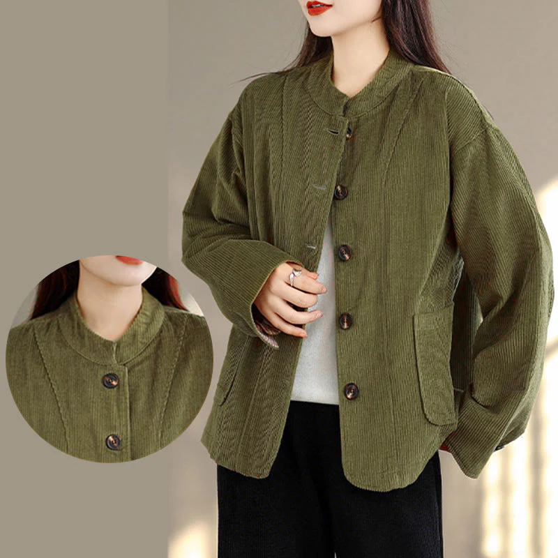 Giacca da donna in velluto a coste con maniche lunghe, tasche e bottoni con motivo Buddha Stones - Image 12