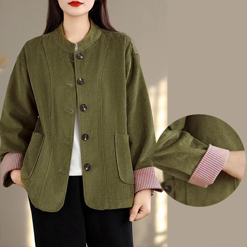 Giacca da donna in velluto a coste con maniche lunghe, tasche e bottoni con motivo Buddha Stones - Image 13