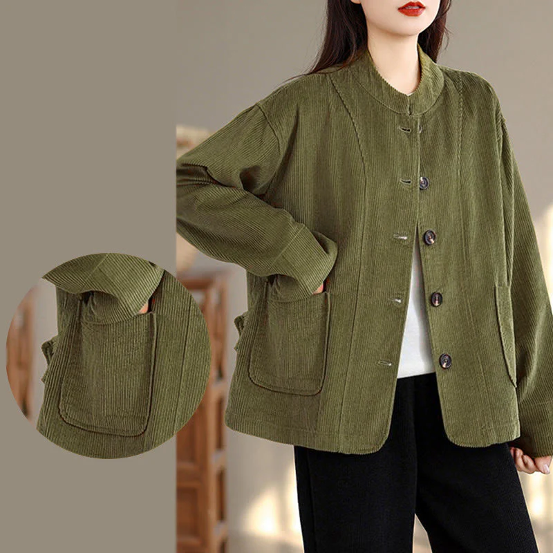 Giacca da donna in velluto a coste con maniche lunghe, tasche e bottoni con motivo Buddha Stones - Image 14