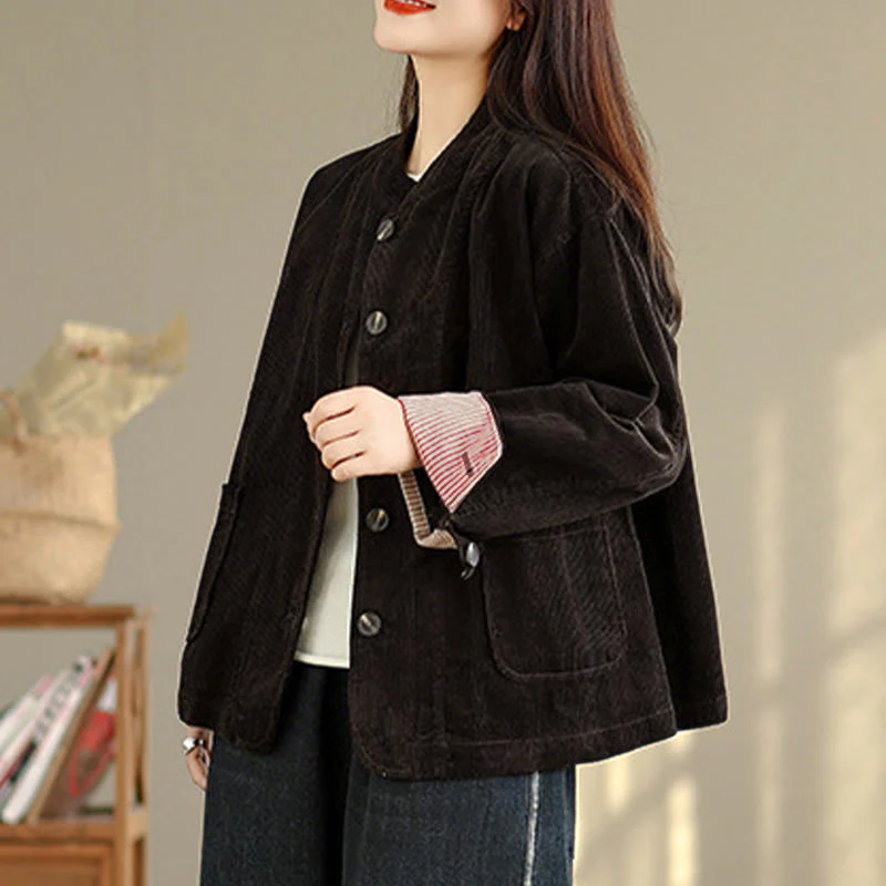 Giacca da donna in velluto a coste con maniche lunghe, tasche e bottoni con motivo Buddha Stones - Image 22