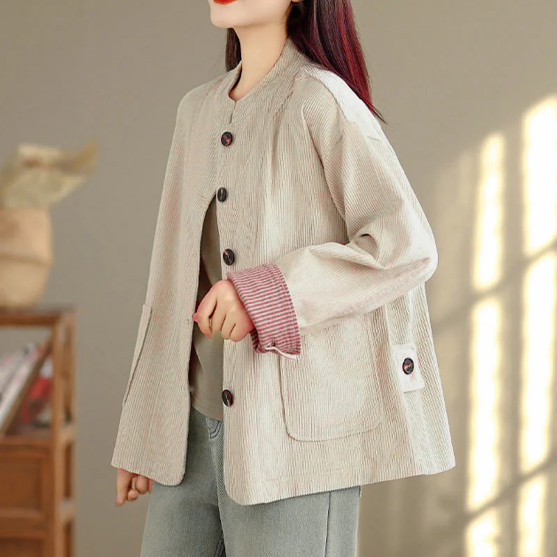 Giacca da donna in velluto a coste con maniche lunghe, tasche e bottoni con motivo Buddha Stones - Image 5