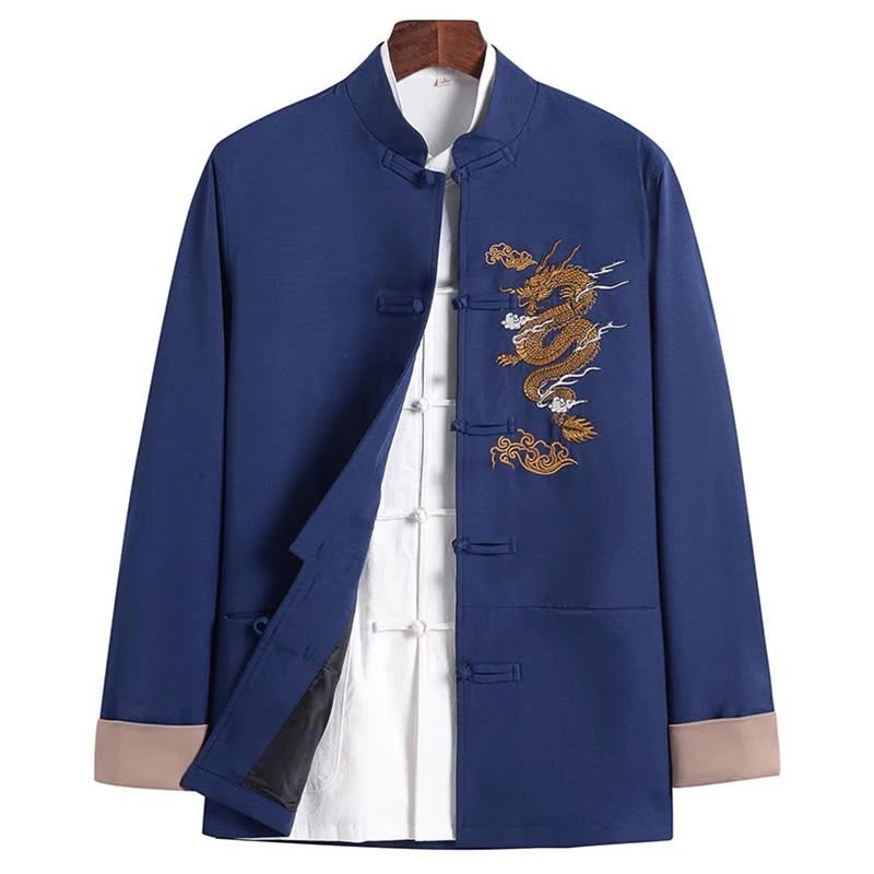 Giacca da uomo a maniche lunghe con ricamo Buddha Stones, drago e rana, design con bottoni - Image 15