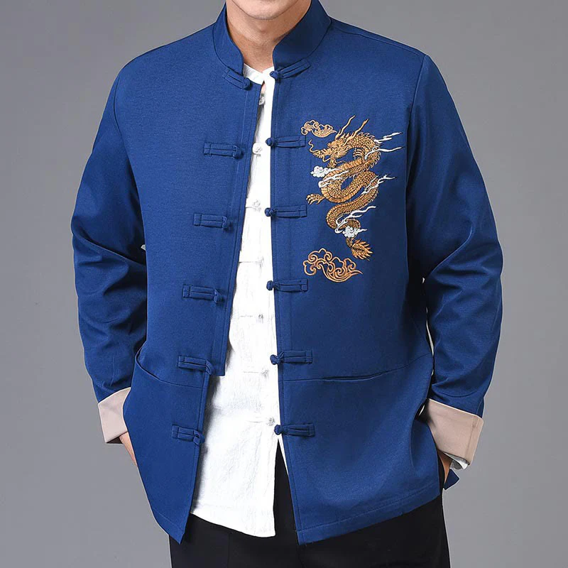 Giacca da uomo a maniche lunghe con ricamo Buddha Stones, drago e rana, design con bottoni - Image 17