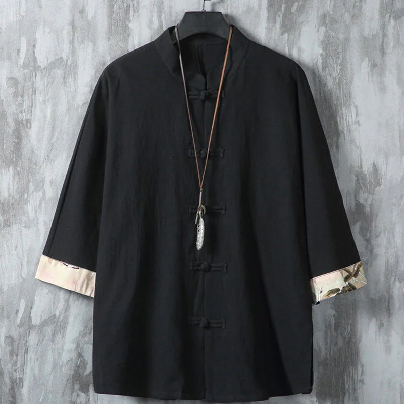 Giacca da uomo in cotone e lino con motivo patchwork a mezza manica con bottoni a forma di rana Buddha Stones - Image 2