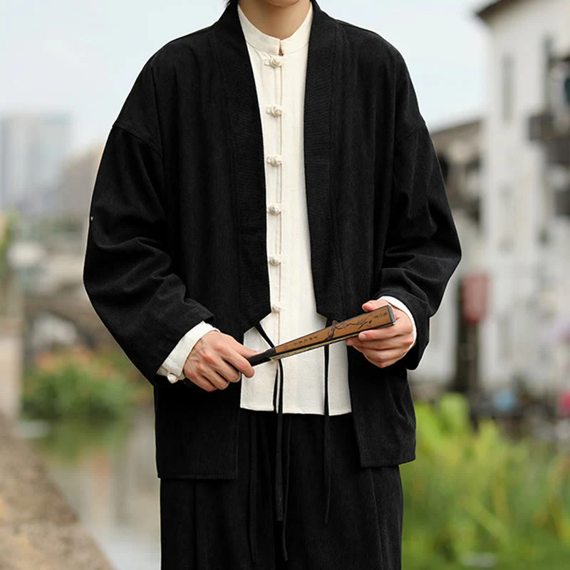 Giacca da uomo in velluto a coste di cotone con maniche lunghe, aperta sul davanti, tinta unita, motivo Buddha Stones , kimono con tasche - Image 15