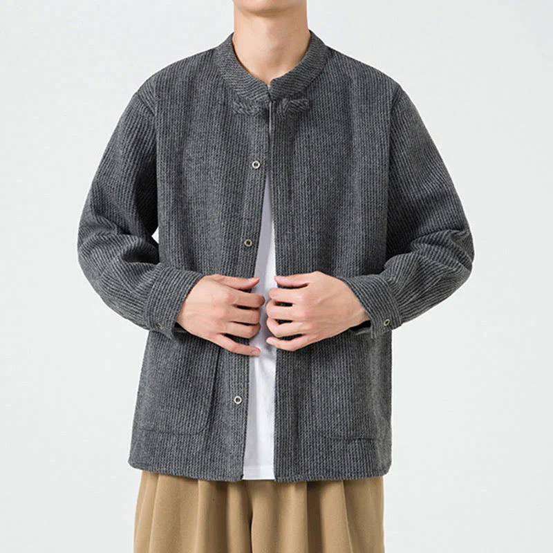Giacca da uomo in velluto a coste di cotone con tasche e bottoni a rana, tinta unita, a maniche lunghe, con Buddha Stones - Image 13