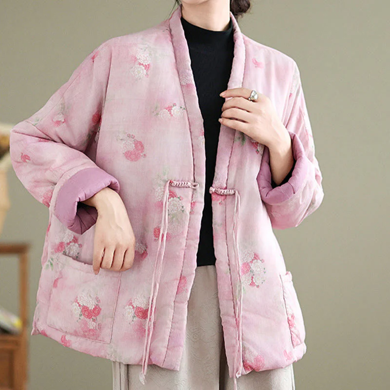 Giacca a maniche lunghe da donna con tasche e stampa di fiori Buddha Stones