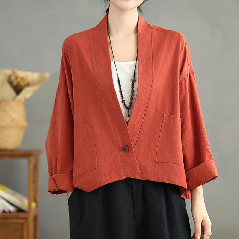 Giacca casual vintage a maniche lunghe in cotone e lino con tasche, Buddha Stones, aperta sul davanti. - Image 10