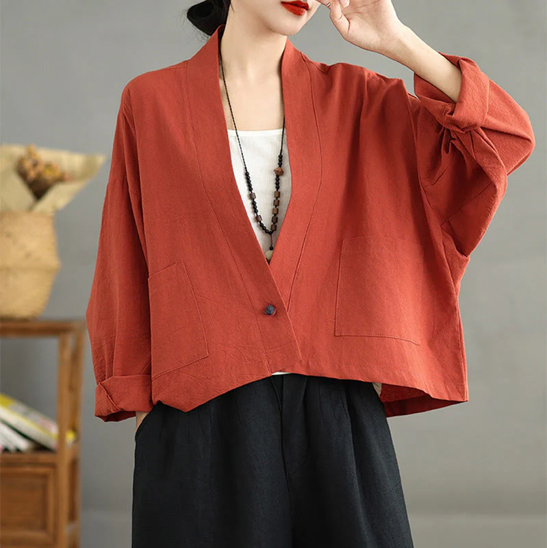 Giacca casual vintage a maniche lunghe in cotone e lino con tasche, Buddha Stones, aperta sul davanti. - Image 11