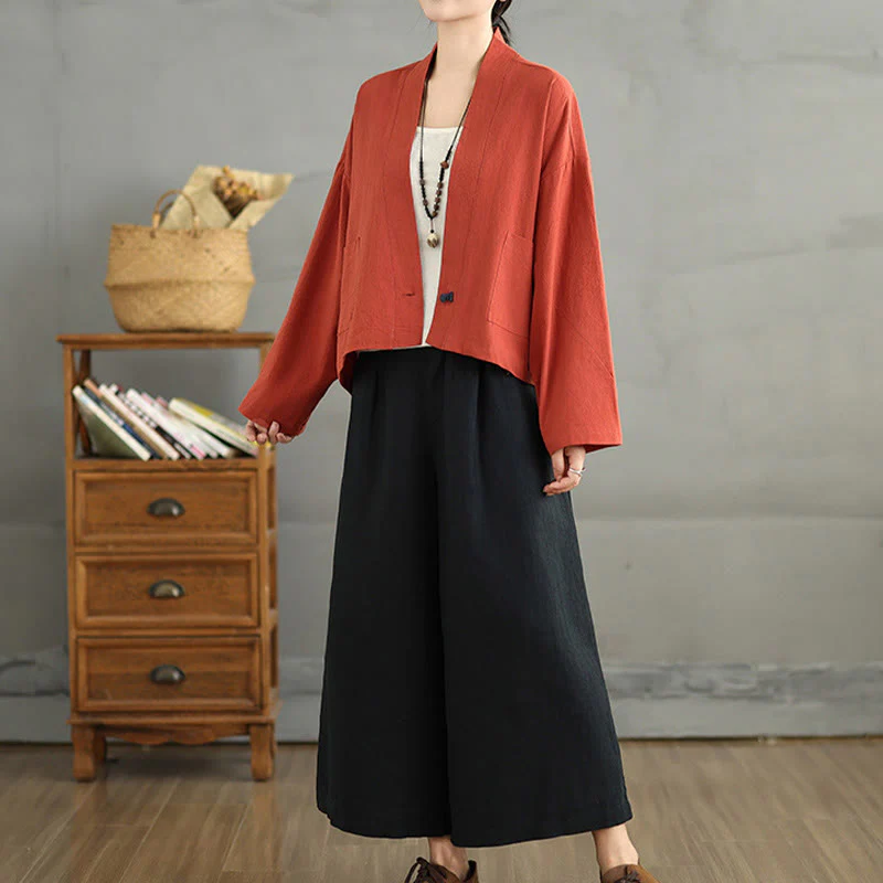 Giacca casual vintage a maniche lunghe in cotone e lino con tasche, Buddha Stones, aperta sul davanti. - Image 12