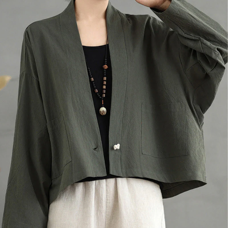 Giacca casual vintage a maniche lunghe in cotone e lino con tasche, Buddha Stones, aperta sul davanti. - Image 14