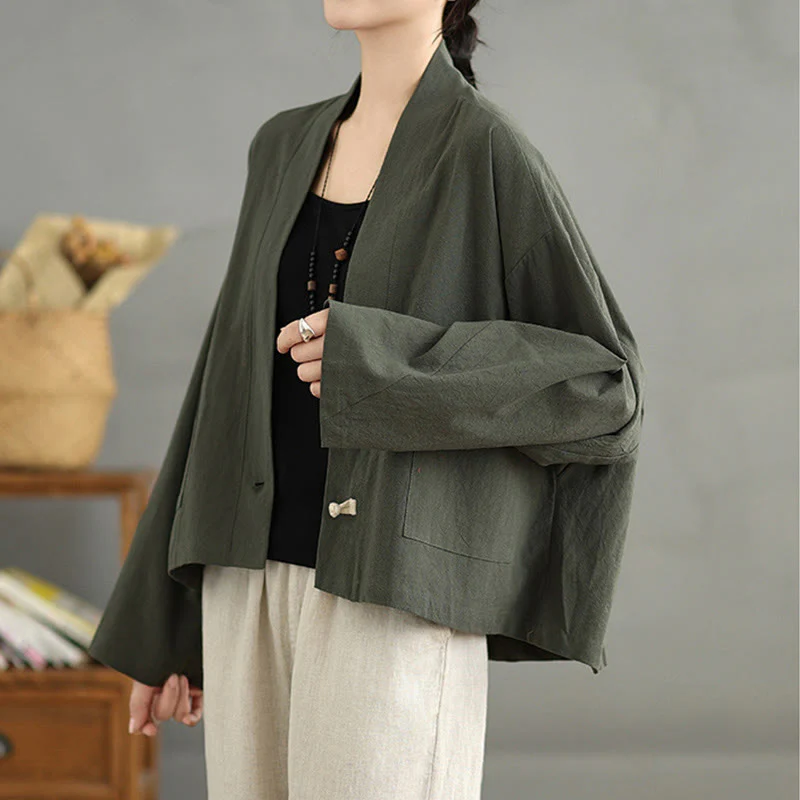 Giacca casual vintage a maniche lunghe in cotone e lino con tasche, Buddha Stones, aperta sul davanti. - Image 17
