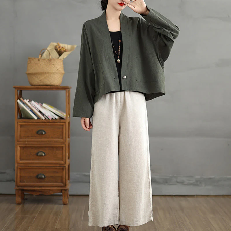Giacca casual vintage a maniche lunghe in cotone e lino con tasche, Buddha Stones, aperta sul davanti. - Image 18