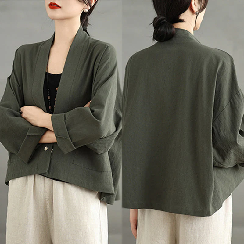 Giacca casual vintage a maniche lunghe in cotone e lino con tasche, Buddha Stones, aperta sul davanti. - Image 19