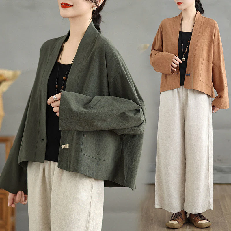 Giacca casual vintage a maniche lunghe in cotone e lino con tasche, Buddha Stones, aperta sul davanti. - Image 20