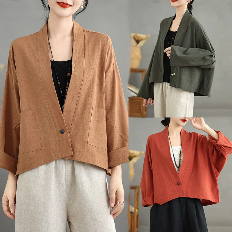 Giacca casual vintage a maniche lunghe in cotone e lino con tasche, Buddha Stones, aperta sul davanti. - Image 22