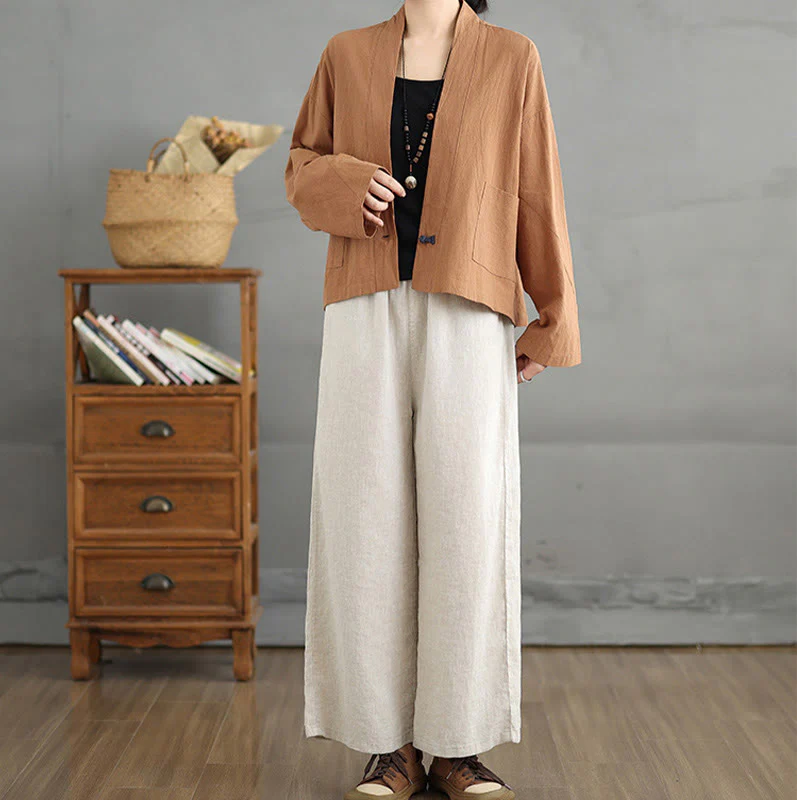 Giacca casual vintage a maniche lunghe in cotone e lino con tasche, Buddha Stones, aperta sul davanti. - Image 6