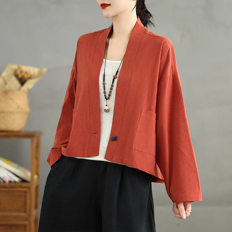 Giacca casual vintage a maniche lunghe in cotone e lino con tasche, Buddha Stones, aperta sul davanti. - Image 9