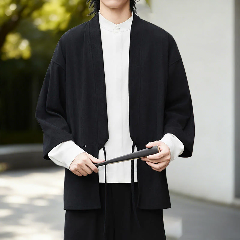 Giacca in velluto a coste a maniche lunghe con apertura frontale e tinta unita Buddha Stones, camicia kimono in cotone e lino da uomo