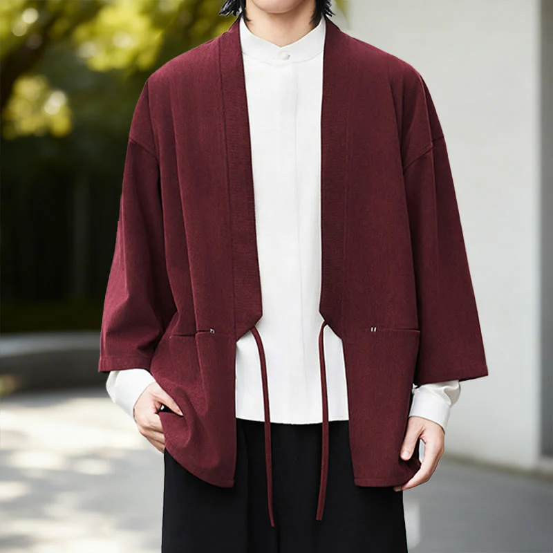 Giacca in velluto a coste a maniche lunghe con apertura frontale e tinta unita Buddha Stones, camicia kimono in cotone e lino da uomo - Image 10