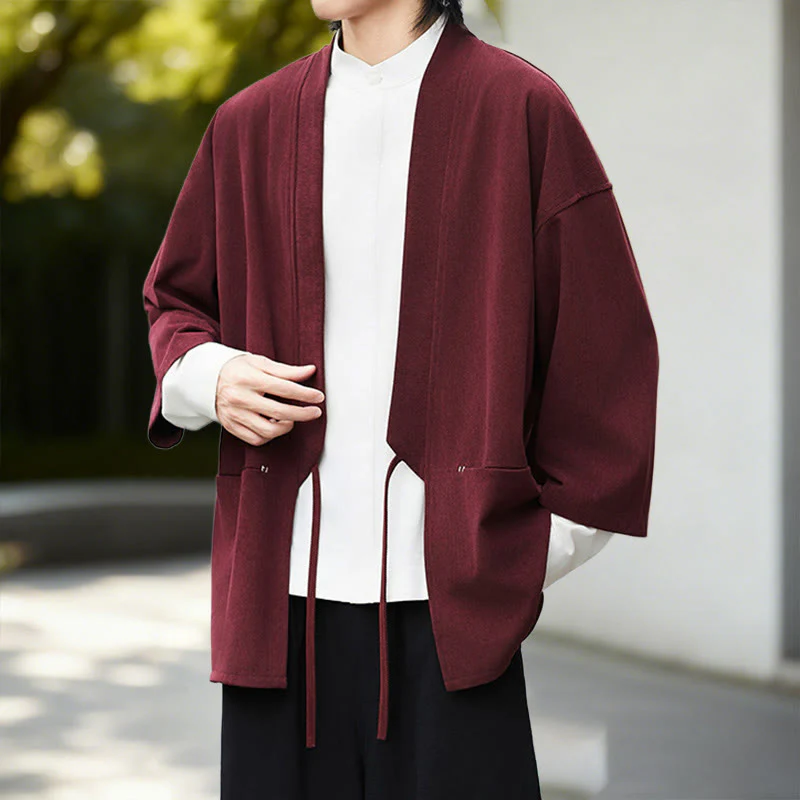 Giacca in velluto a coste a maniche lunghe con apertura frontale e tinta unita Buddha Stones, camicia kimono in cotone e lino da uomo - Image 11