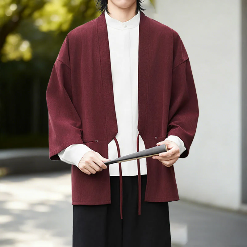 Giacca in velluto a coste a maniche lunghe con apertura frontale e tinta unita Buddha Stones, camicia kimono in cotone e lino da uomo - Image 12