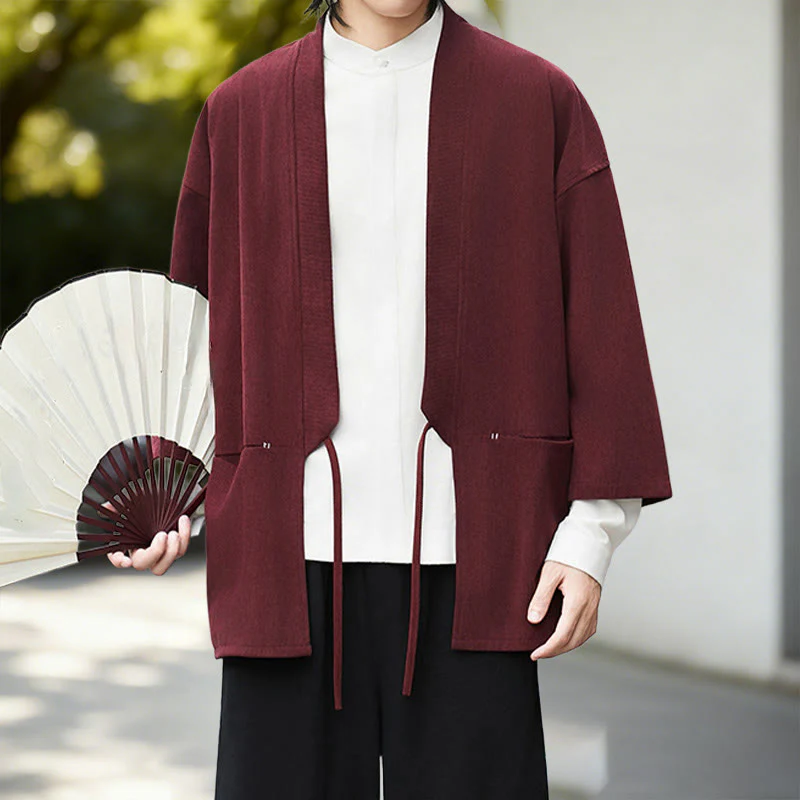 Giacca in velluto a coste a maniche lunghe con apertura frontale e tinta unita Buddha Stones, camicia kimono in cotone e lino da uomo - Image 13