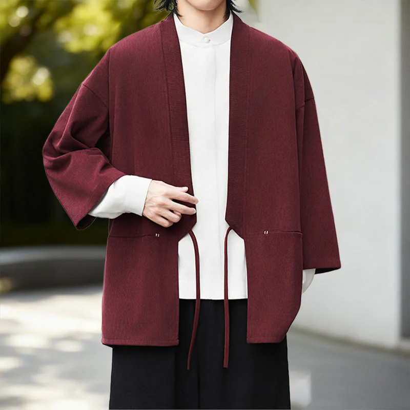 Giacca in velluto a coste a maniche lunghe con apertura frontale e tinta unita Buddha Stones, camicia kimono in cotone e lino da uomo - Image 14