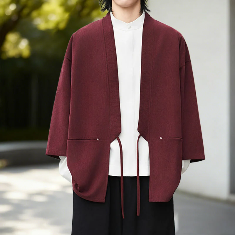 Giacca in velluto a coste a maniche lunghe con apertura frontale e tinta unita Buddha Stones, camicia kimono in cotone e lino da uomo - Image 15